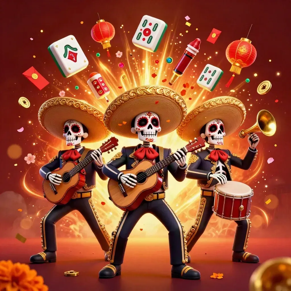 Three festive skeleton mariachi heroes amid lanterns, coins, tiles, fireworks and glowing casino effects