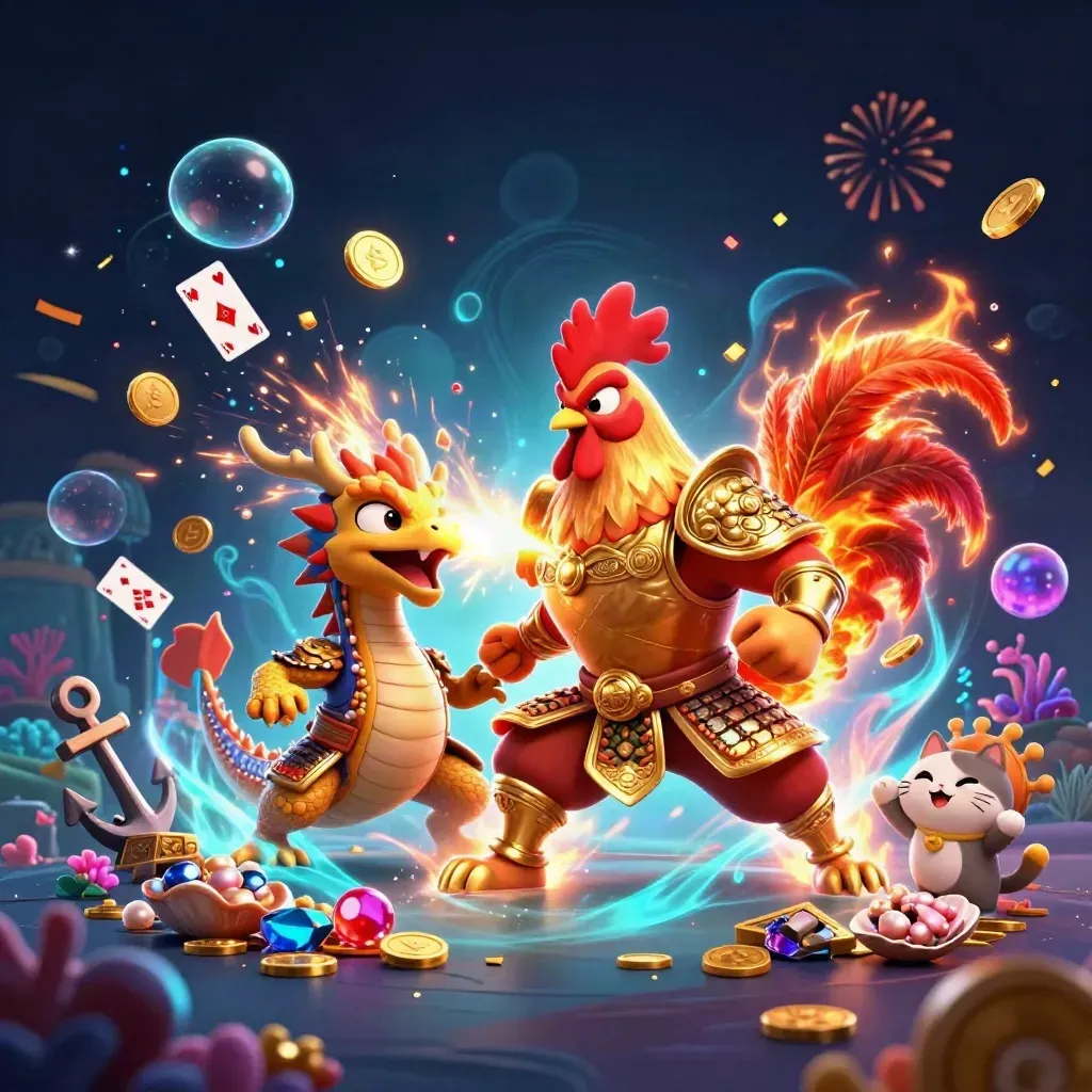 Rooster samurai, dragon hatchling and fortune-cat amid treasure, coral, coins and cyan magic.