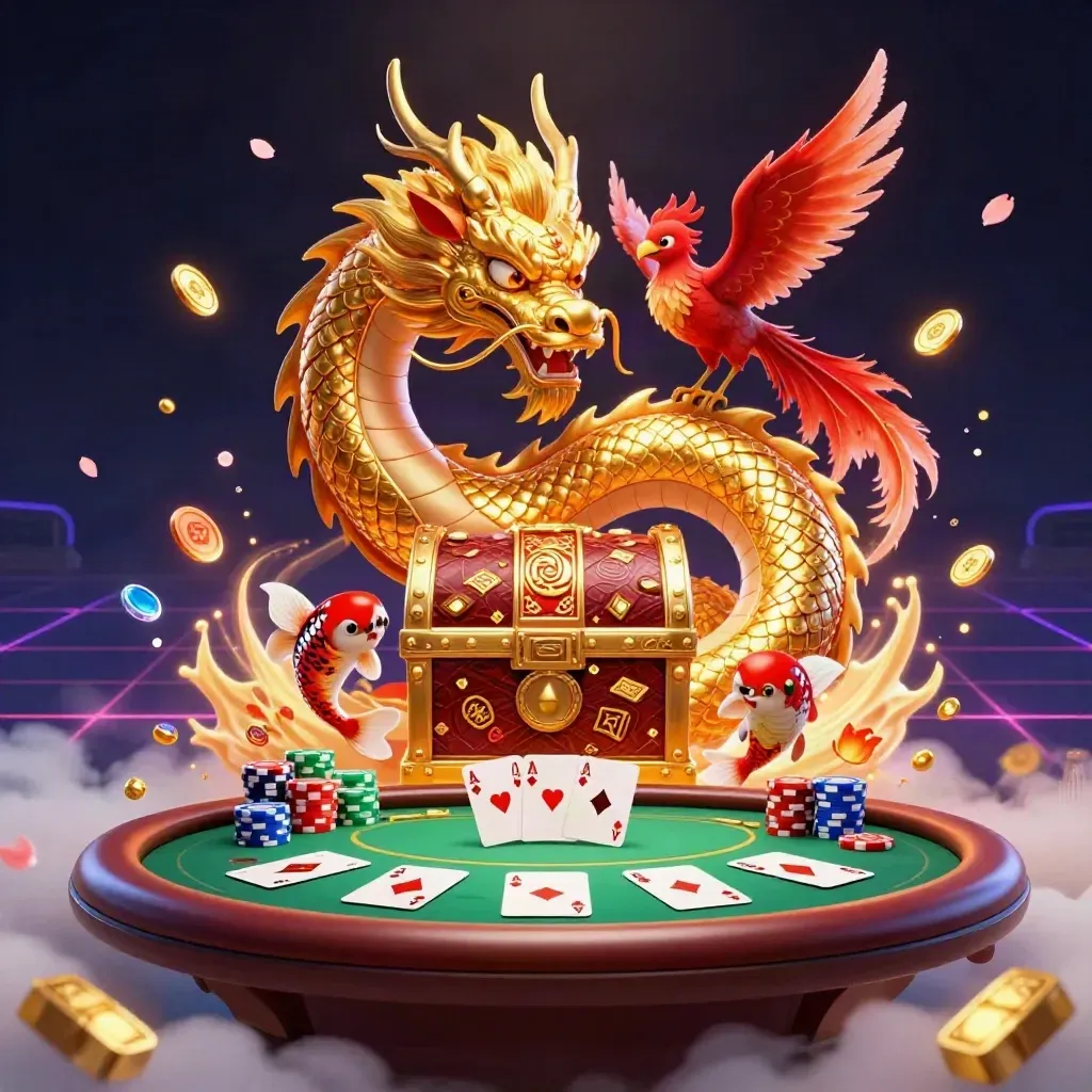 Golden dragon, phoenix, koi, and casino chips burst from a treasure chest.