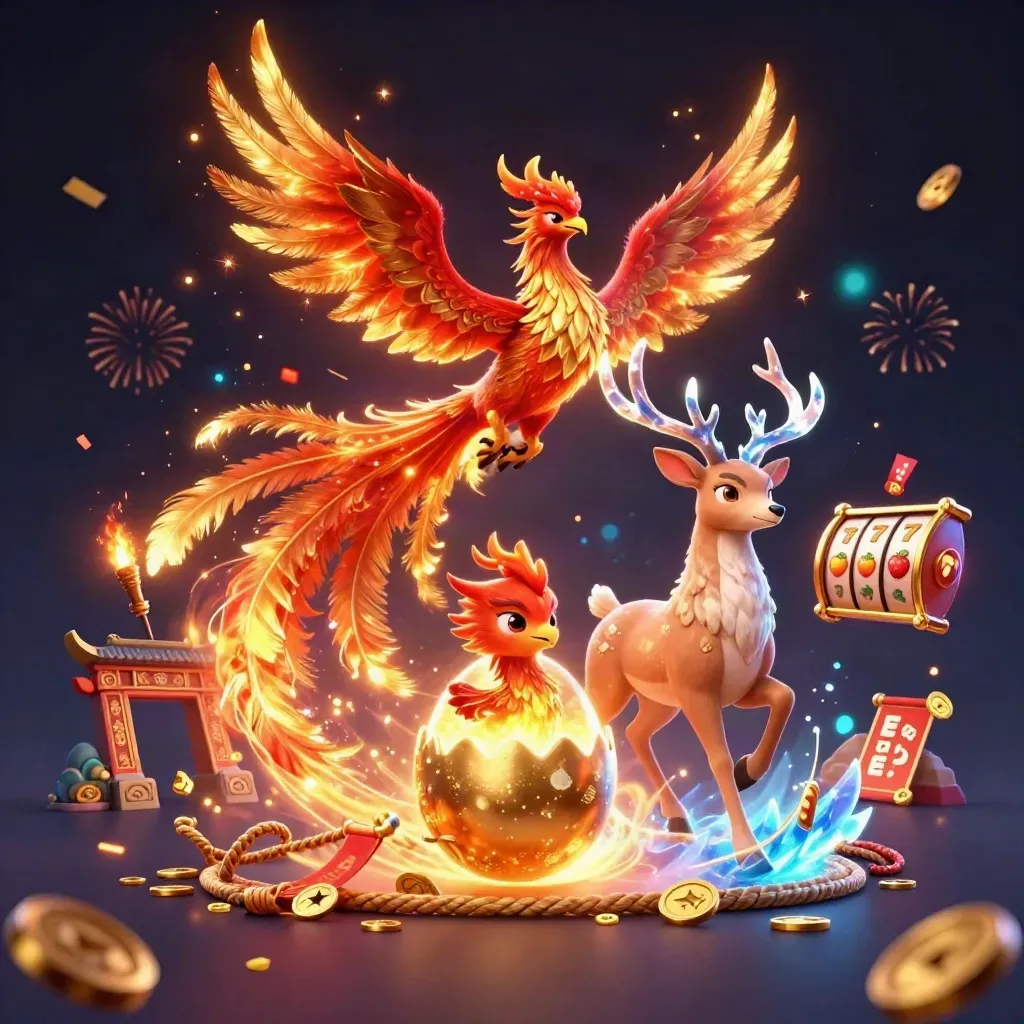 Phoenix, hatching egg, crystalline stag amid coins, temple gate and casino magic
