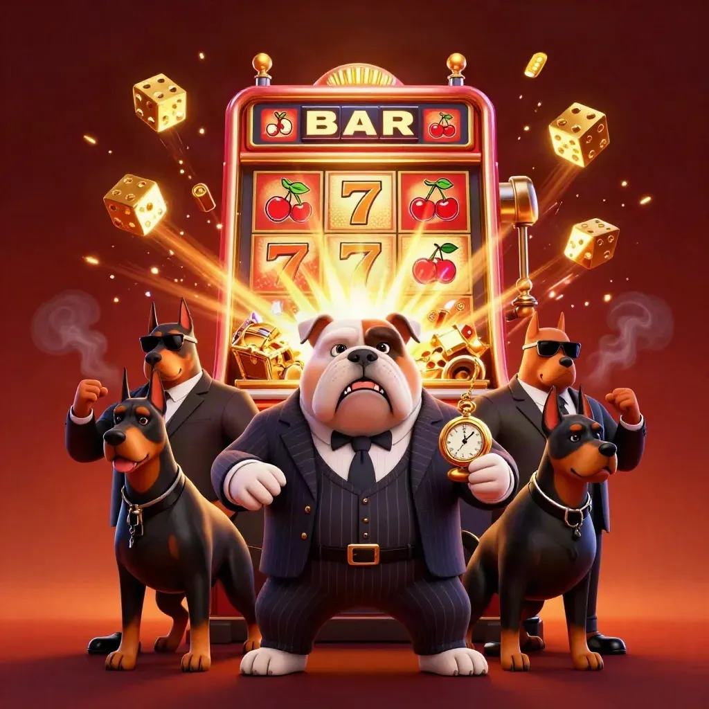 Bulldog boss with Doberman guards amid exploding slot machine, gold, dice, embers, and crimson glow.