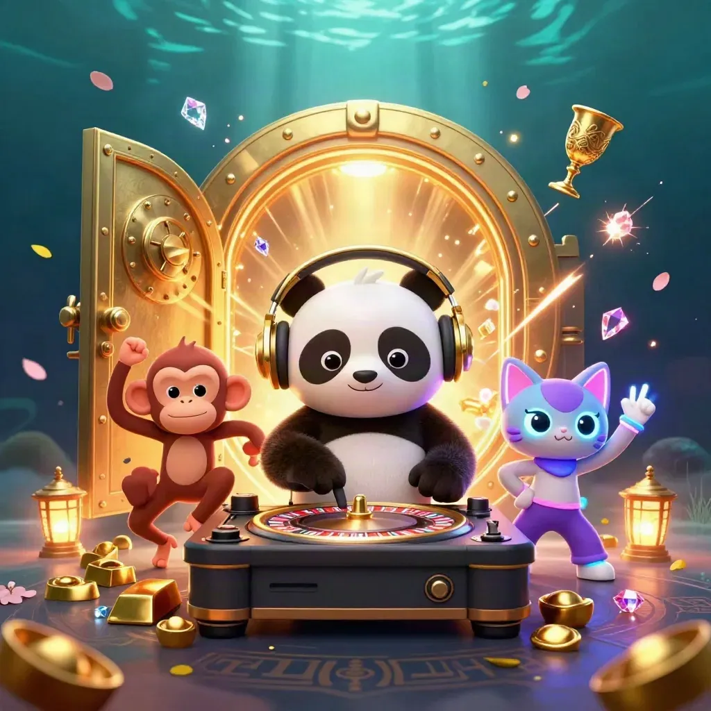 DJ panda, dancing monkey, and glow-stick kitten burst from a treasure vault in a dark underwater casino scene