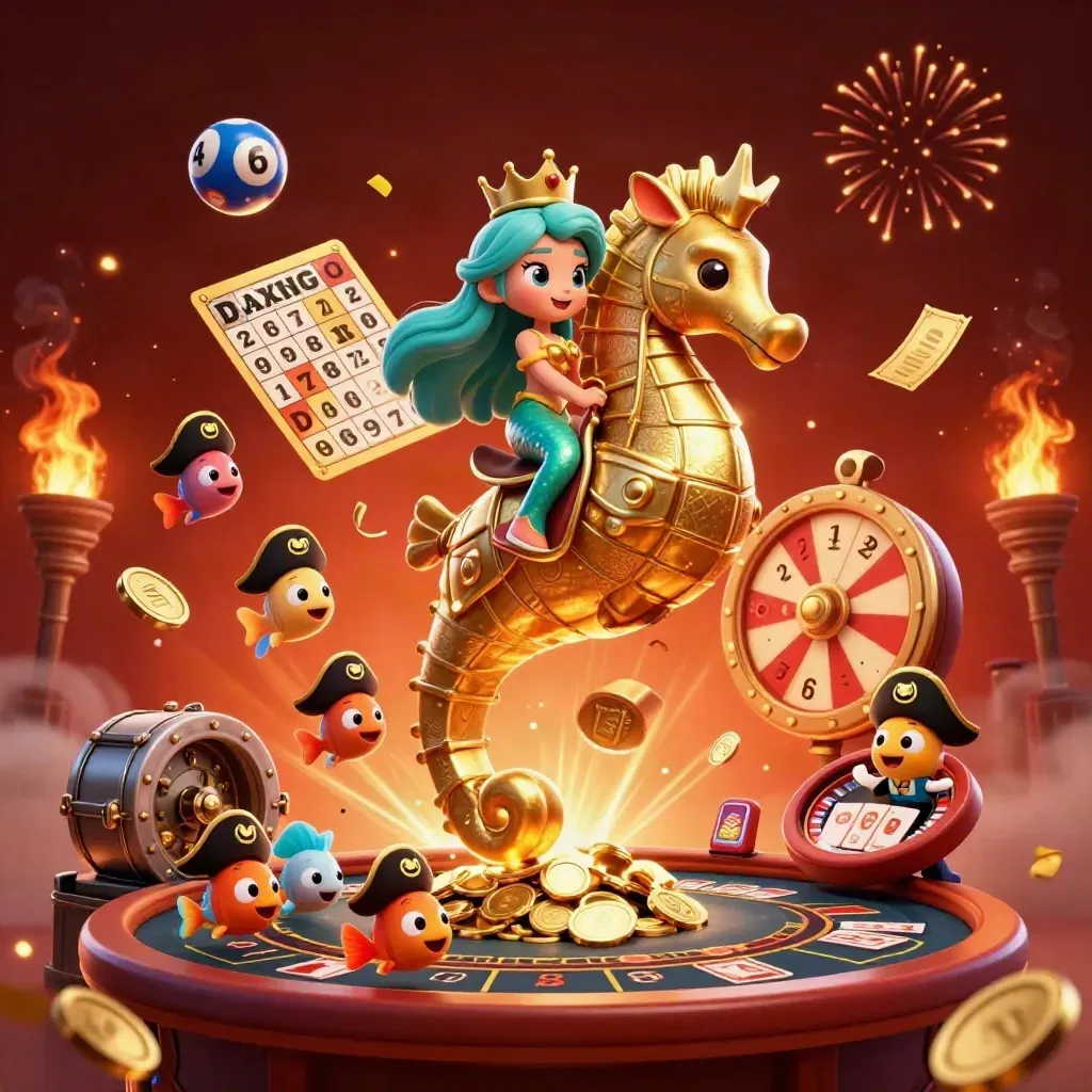 Mermaid princess on a gold seahorse amid casino treasure, coins, fireworks, and spinning game icons