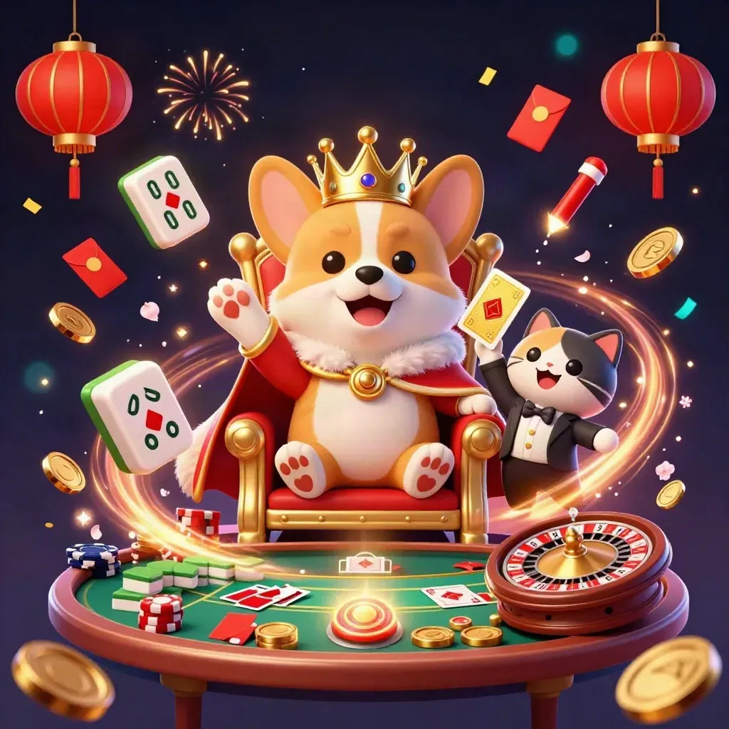 Royal corgi and cat butler amid casino treasure, fireworks, and spinning coins.