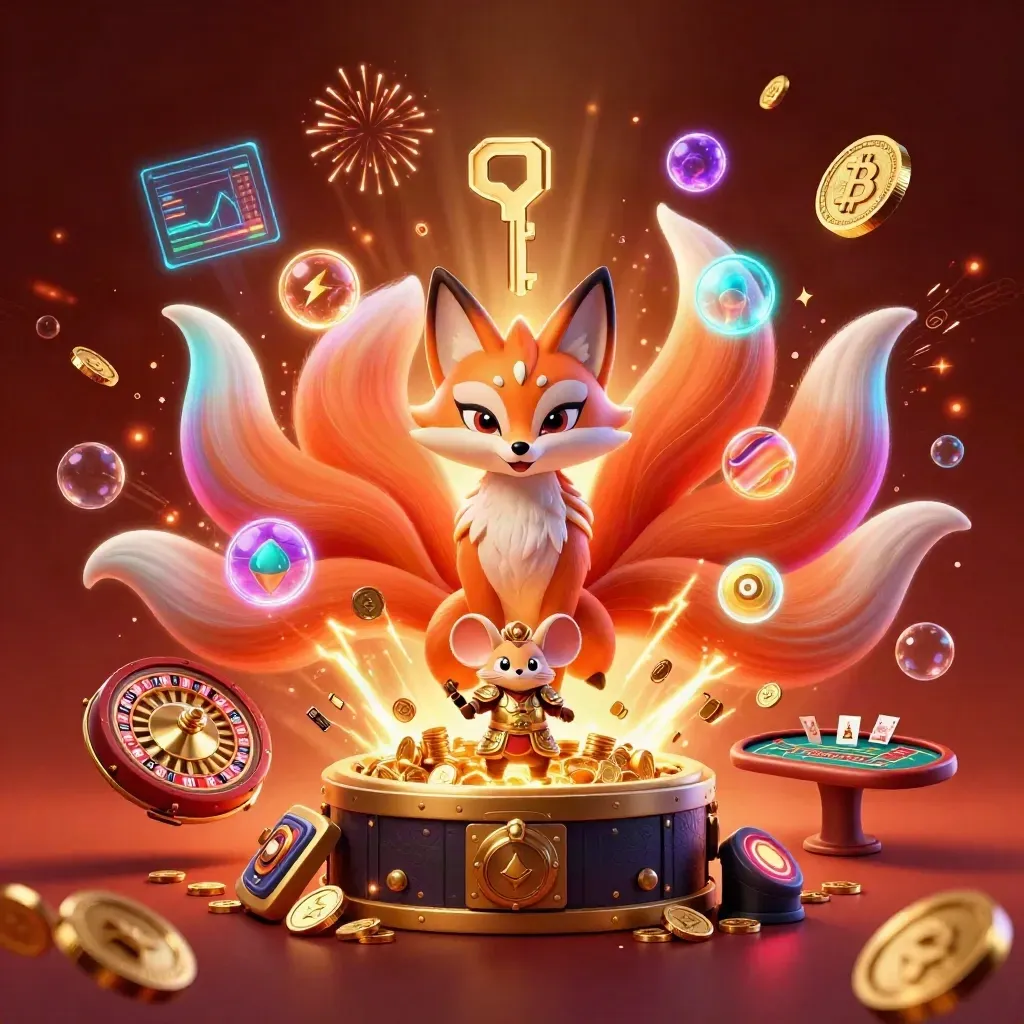 Neon fox spirit and samurai mouse amid casino coins, roulette wheel, cards, and vault sparks.