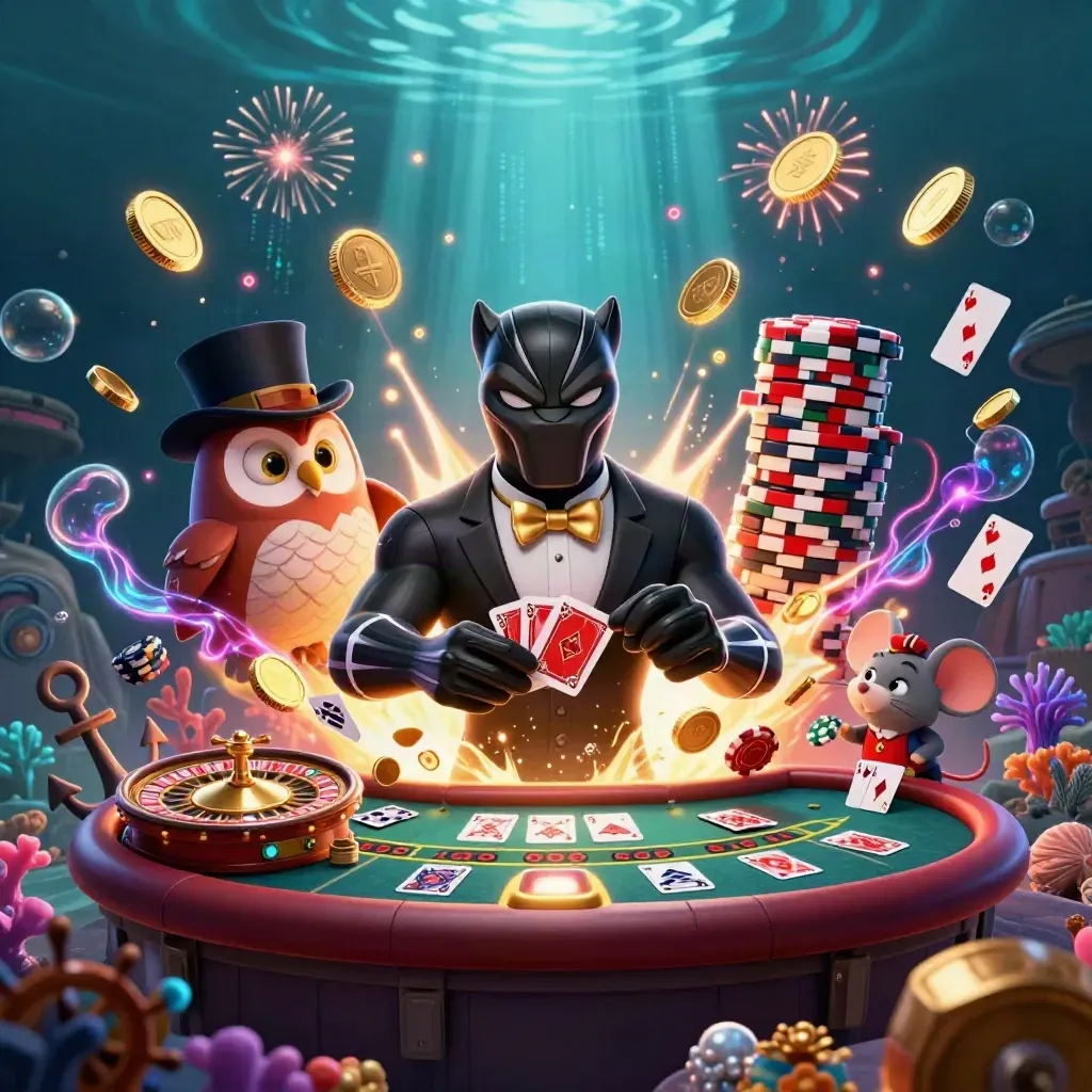 Panther, owl, and mouse celebrate treasure in a glowing underwater casino cove