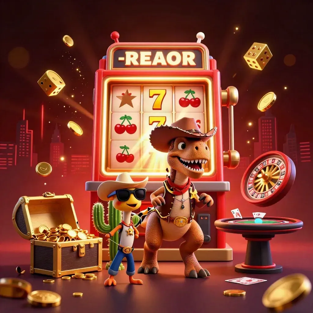 Cowboy T-Rex, cactus sidekick, and roadrunner amid a slot jackpot burst and gold coins