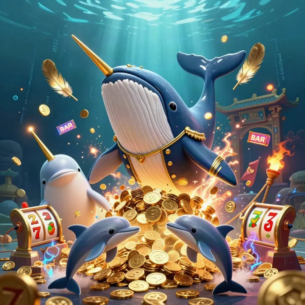 Whale captain, narwhal and dolphins burst through coins in a regal neon underwater casino scene.
