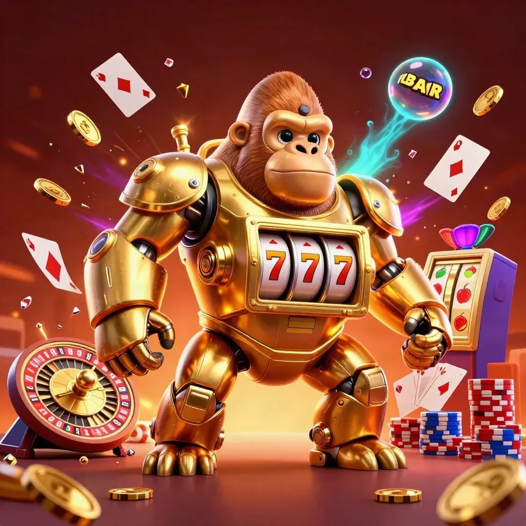 Golden gorilla slot-mech with monkey pilot, coins, chips, cards and roulette flying in neon casino glow.