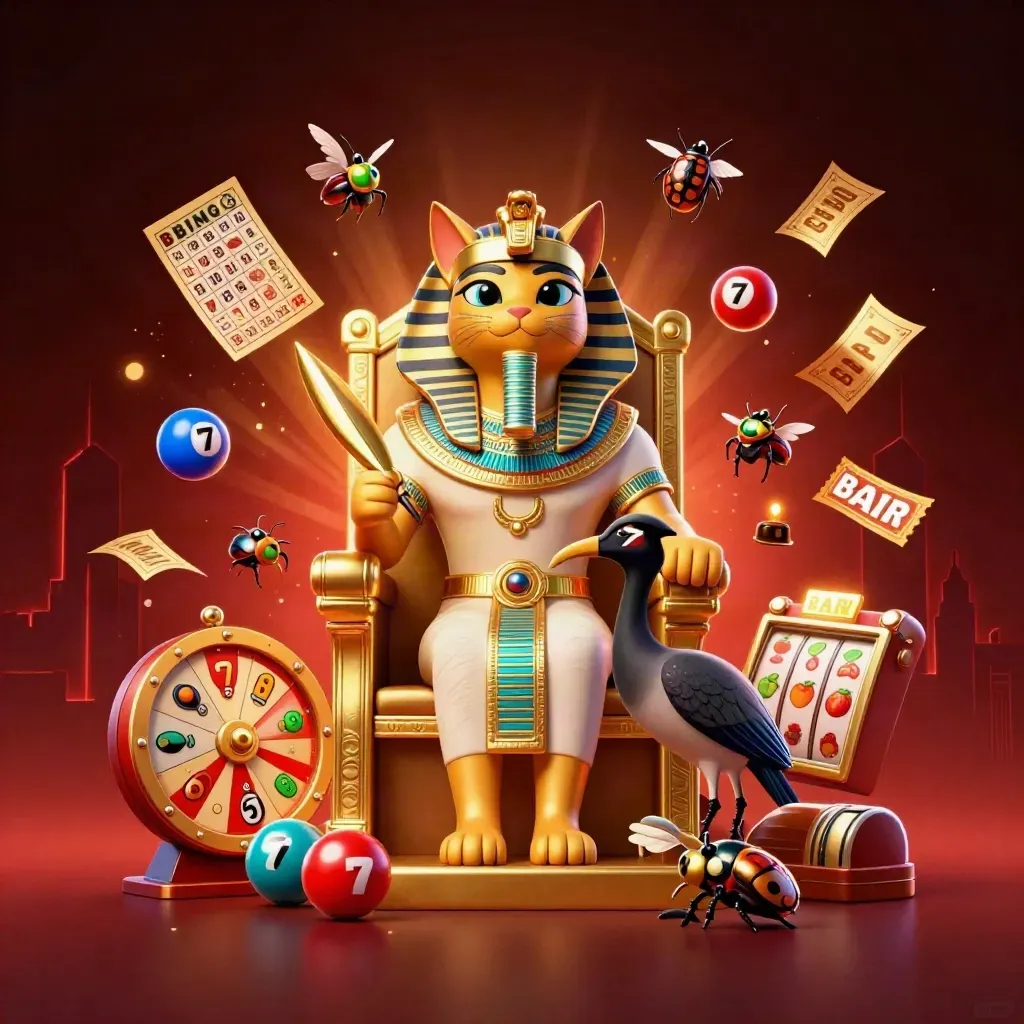 Pharaoh cat, ibis scribe and gem-winged scarabs amid casino reels, balls and gold light