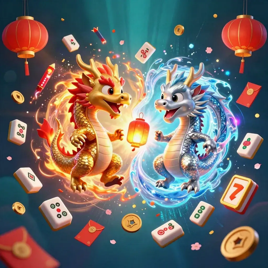 Gold and silver dragons spiral around a lantern spirit amid casino treasures and neon sparks.