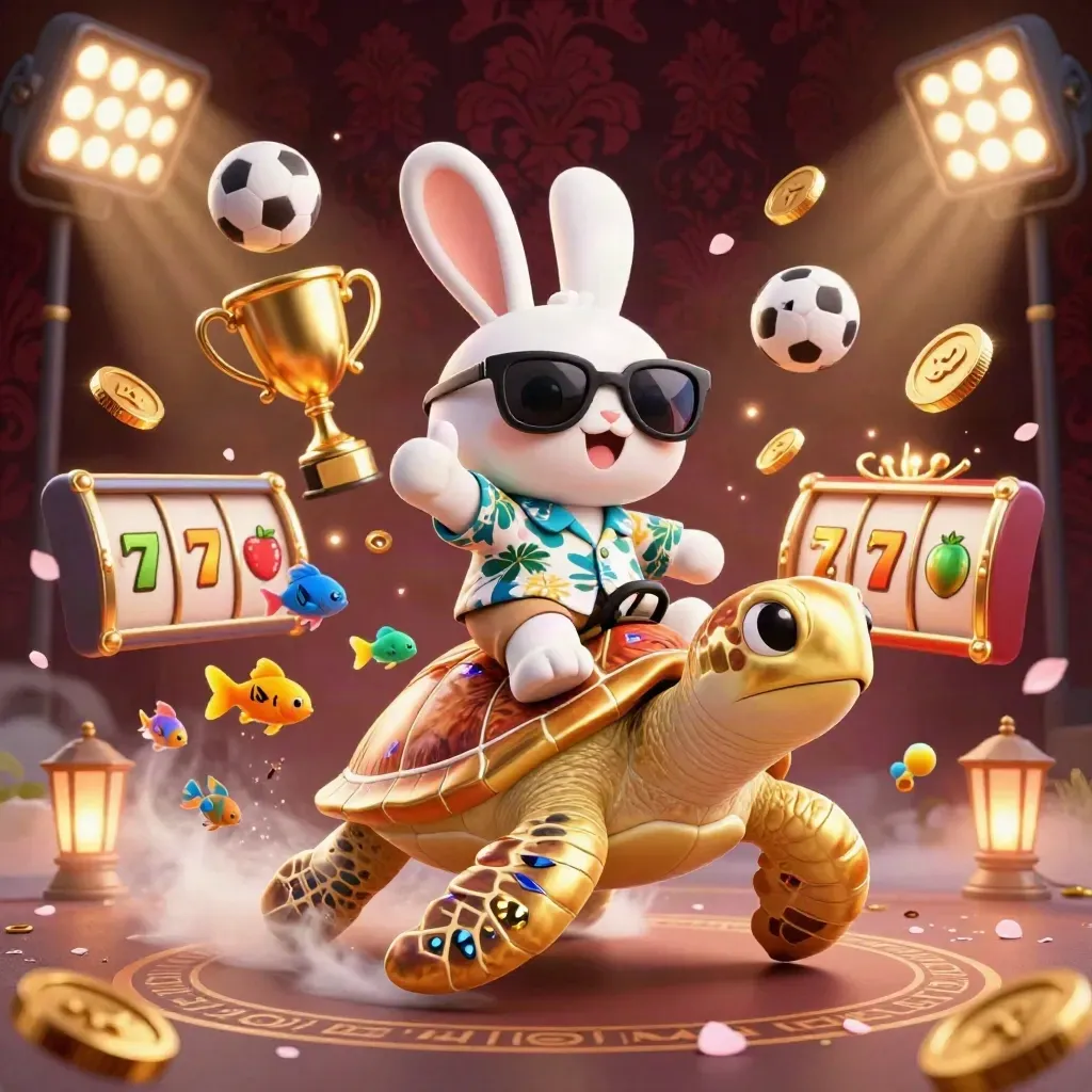 Rabbit in sunglasses rides a jeweled sea turtle amid casino symbols and gold coins.