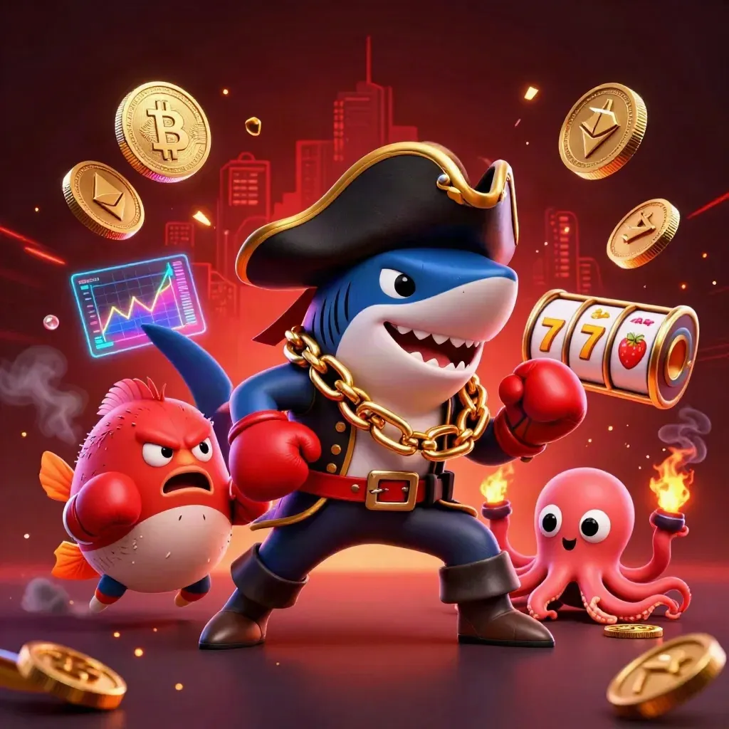 Pirate shark, boxing pufferfish, and coin-juggling octopus with casino effects.