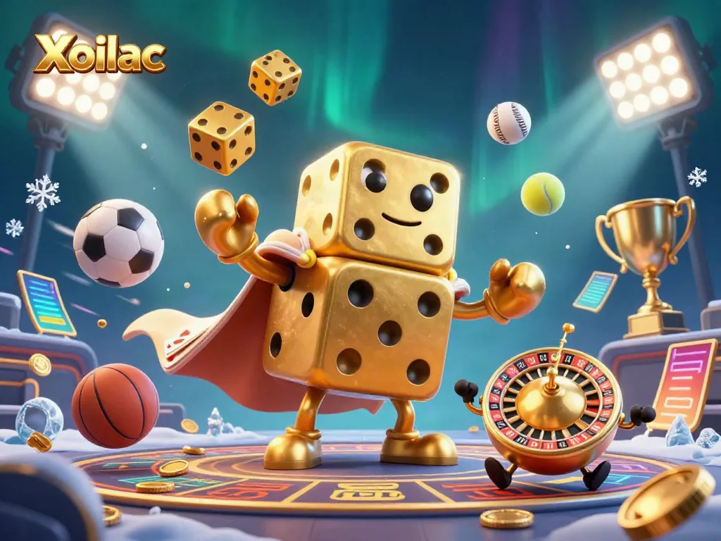 Xoilac showcases a vibrant casino scene with a golden dice golem and sports elements in motion.