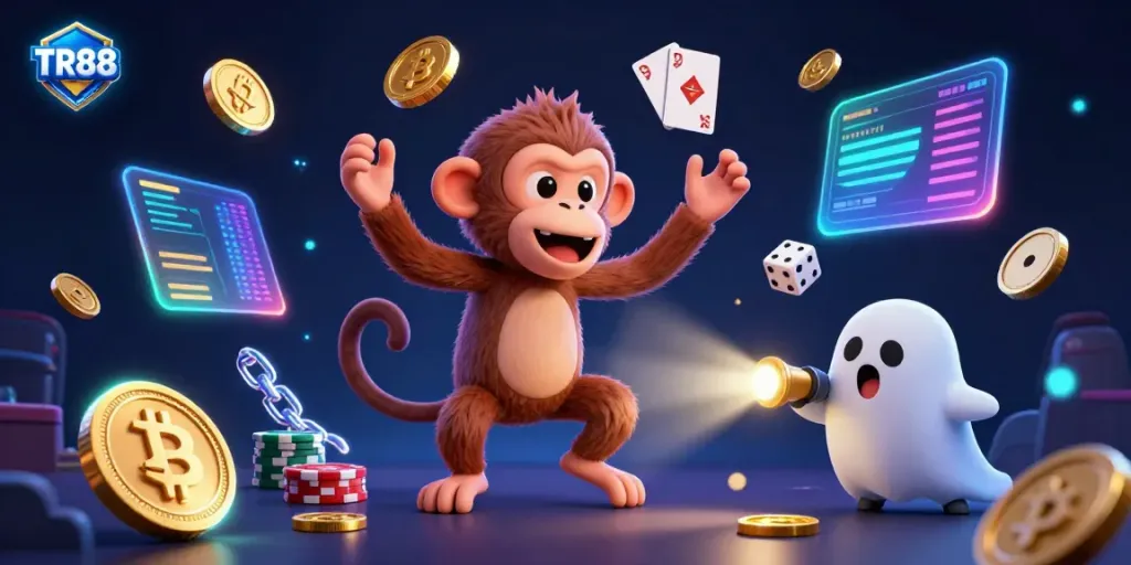 Experience TR88's thrilling casino atmosphere with a playful ghost monkey juggling golden treasures.