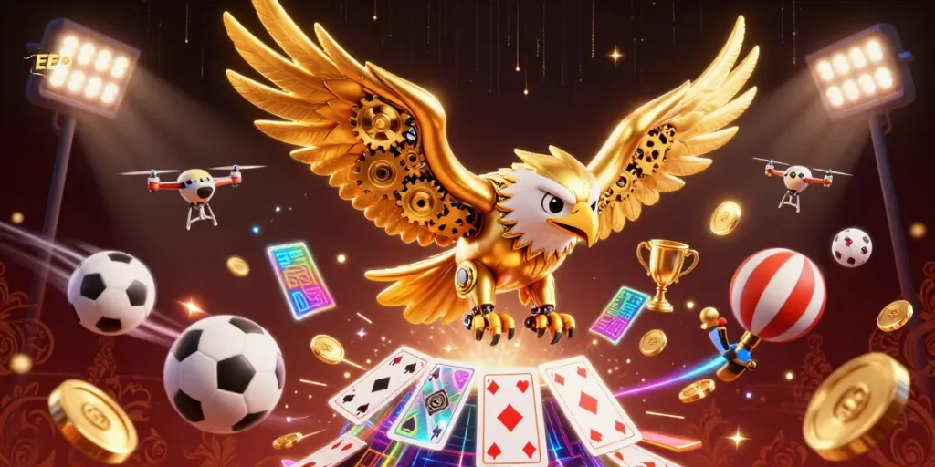 EE88 logo showcases a golden eagle soaring through casino elements, symbolizing fortune.