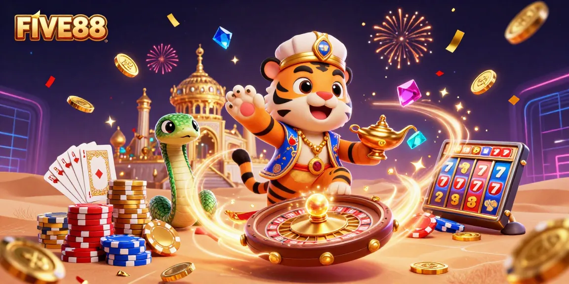 Experience the thrill of FIVE88 with an Arabian-themed 3D casino scene featuring regal characters and dynamic gaming elements.