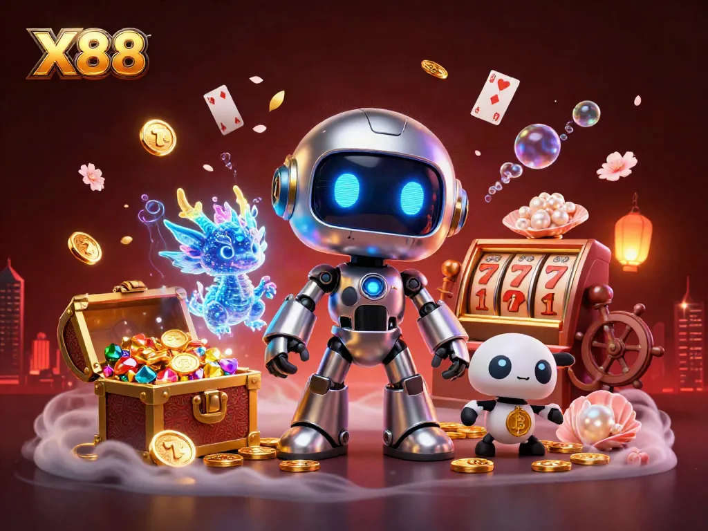 Engage in thrilling gameplay at X88 with our vibrant animated casino scene featuring dynamic slot elements.