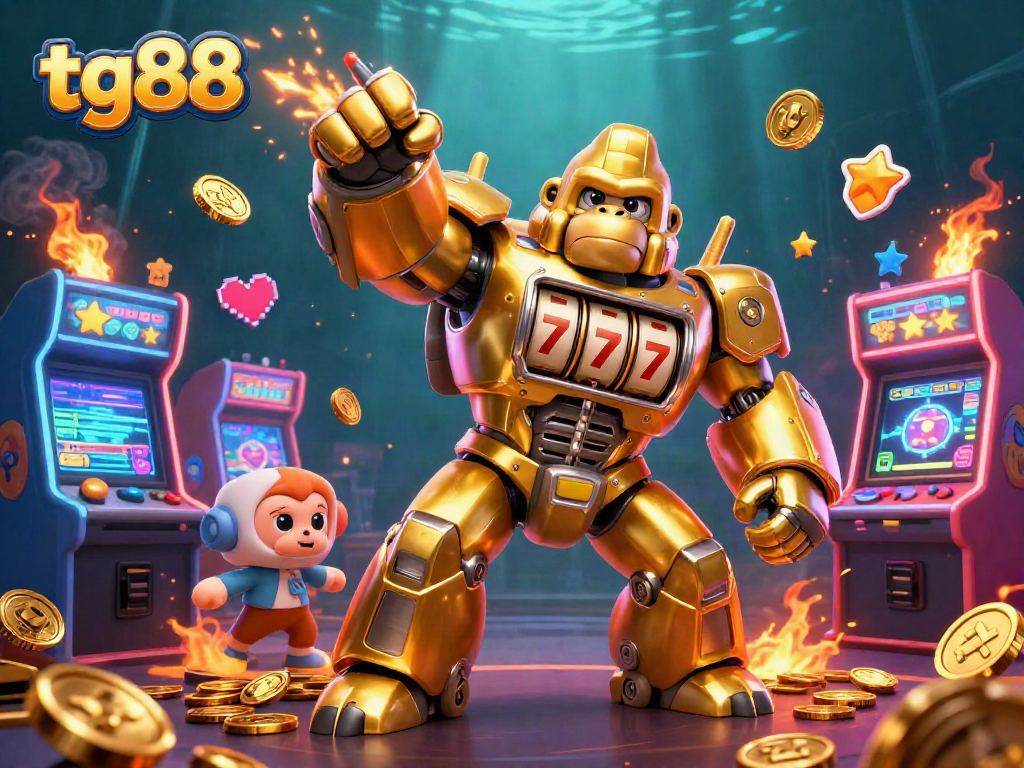 Experience thrilling wins with tg88 as a golden gorilla mech unleashes coins in a vibrant casino.