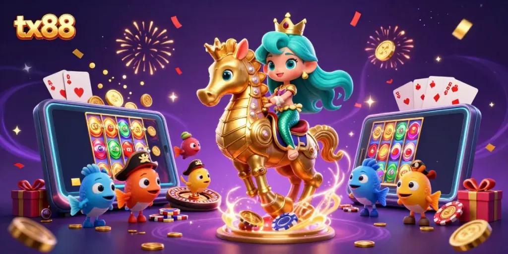 Immerse in the vibrant world of tx88, featuring a mermaid princess and seahorse among casino games.