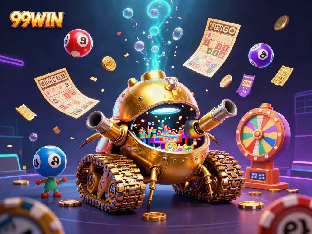 Experience the thrilling 99WIN casino adventure inside a golden beetle tank, filled with colorful lottery elements.