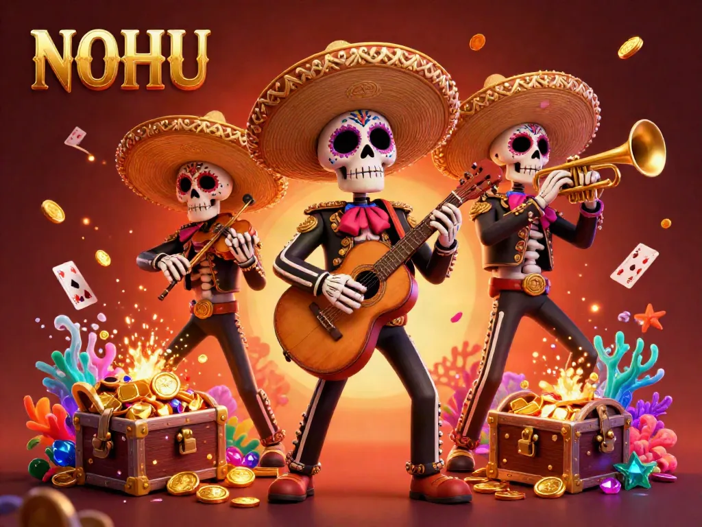 Experience exhilarating gaming with NOHU's vibrant mariachi band amidst treasure and gaming elements.