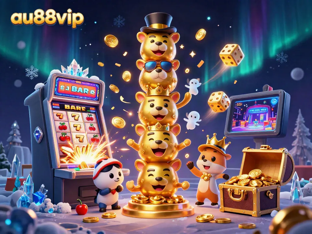 Experience the excitement of au88vip with dynamic casino elements and a golden totem pole in a vibrant illustration.