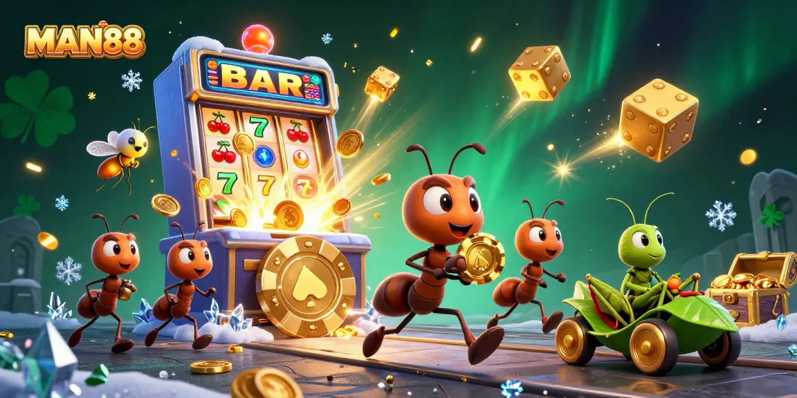 Experience thrilling casino moments with MAN88 as ants carry a giant poker chip through a vibrant scene.