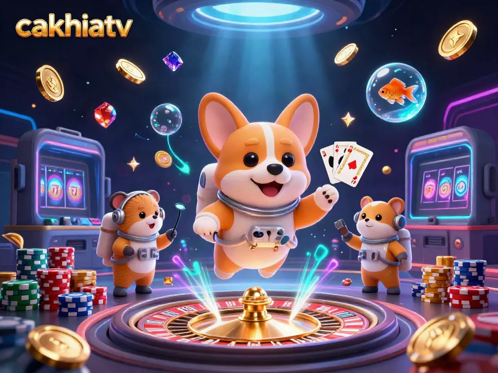 Experience thrilling moments with cakhiatv's vibrant space casino scene featuring a space dog and animated characters.