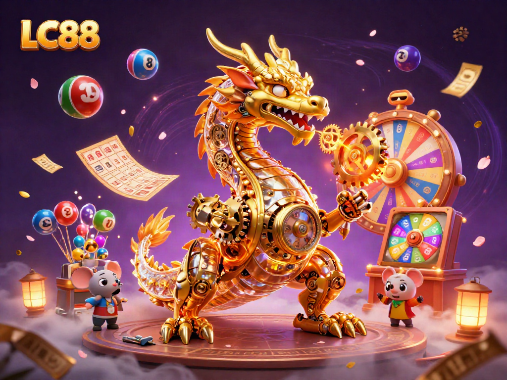 Engage with LC88's vibrant gaming world featuring a golden dragon and animated lottery elements.
