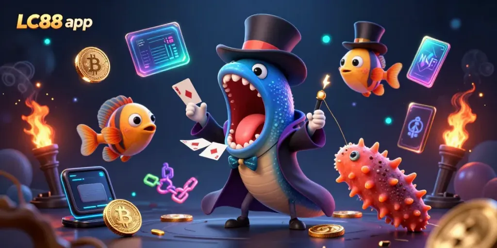 Engage with exciting features of the LC88 app in a vibrant 3D casino scene.