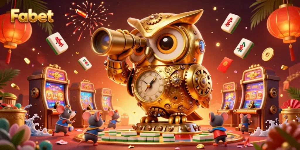 Experience the excitement at Fabet's vibrant casino scene with a golden owl and charming mice.
