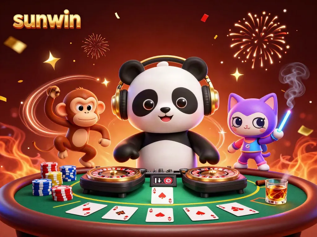 Join the sunwin fun with a vibrant 3D illustration depicting a DJ panda, dancing monkey, and kitten in a casino setting.