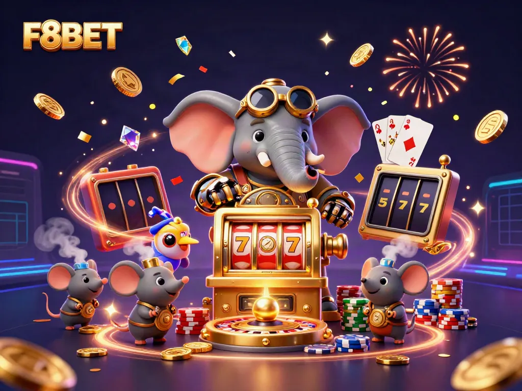 Experience thrilling gameplay at F8BET with a steampunk elephant celebrating wins at a dynamic gaming setup.