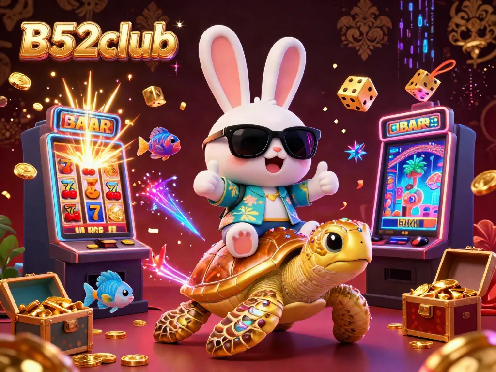 Engage in thrilling slots at B52club with an exciting illustration featuring a lucky rabbit and golden turtle amidst casino elements.