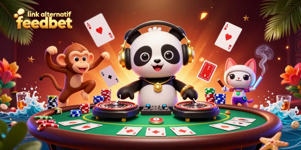 Experience the excitement at link alternatif feedbet with our lively 3D characters dancing amidst impressive slot elements.