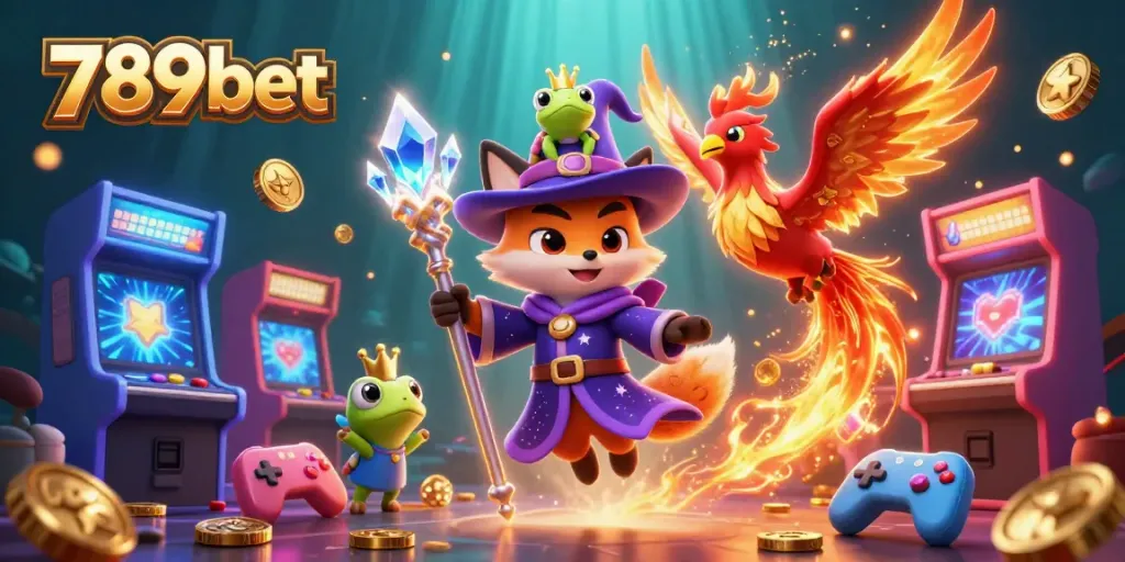 Engage with thrilling 789bet adventures in a vibrant casino scene featuring a wizard, phoenix, and coins.