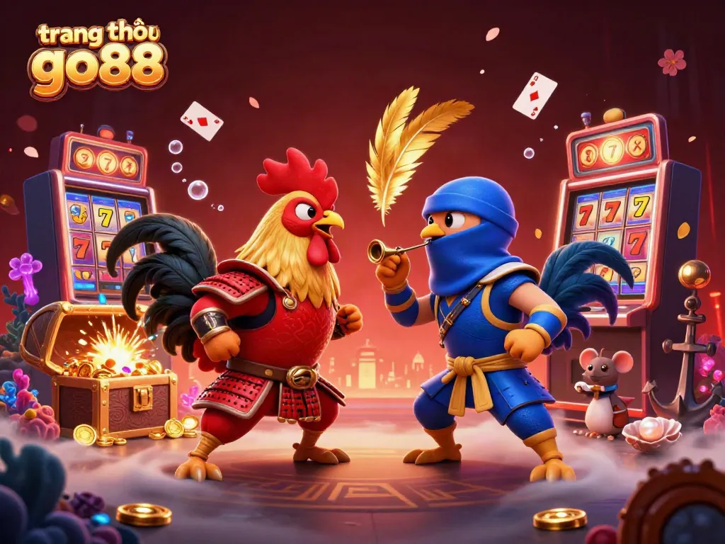 Engage with the thrilling showdown of twin roosters in "trang chủ go88" themed gambling scene, showcasing casino excitement.