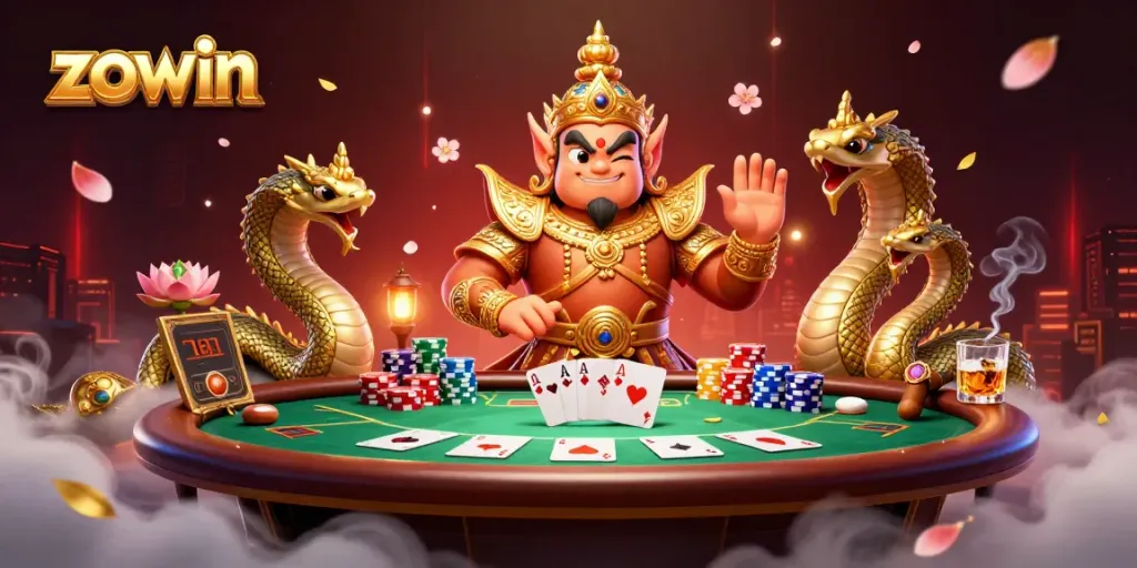 Engage in thrilling gameplay at Zowin with vibrant cards and casino elements in a dynamic scene.