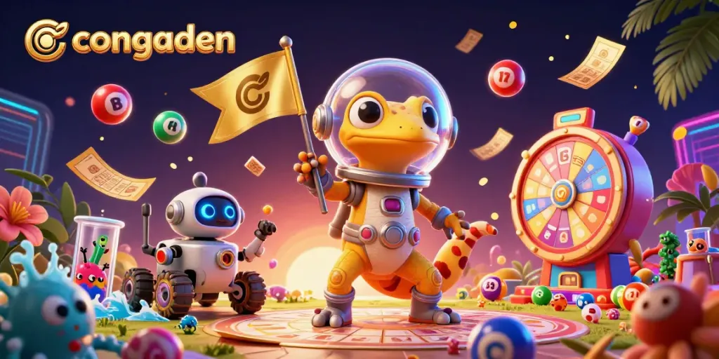 Experience the dynamic action of congaden with a Martian gecko in a cockfighting arena, surrounded by vibrant gaming elements.