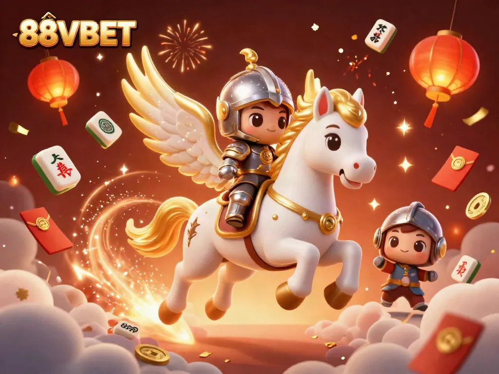 Experience excitement with 88VBET as a celestial horse gallops through a magical casino world filled with treasures.