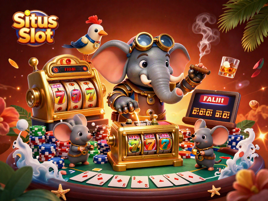 Situs Slot features a steampunk elephant engineer at a vibrant slot machine, showcasing colorful gaming elements.