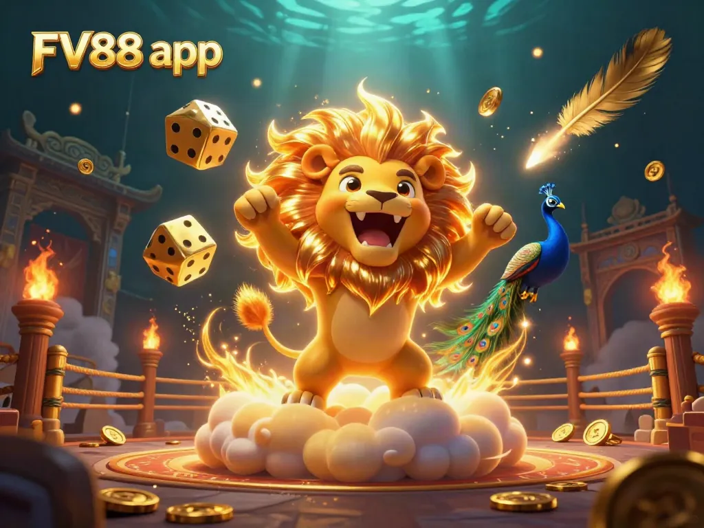 Engage with the FV88 app through a dynamic casino adventure, featuring the sun lion and golden dice.