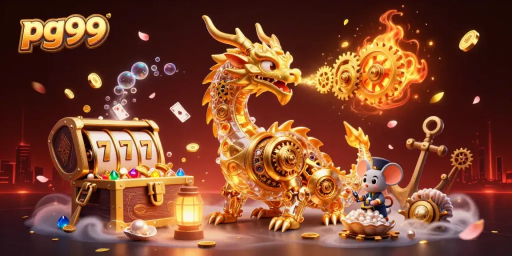 Experience the excitement of pg99 with a golden dragon among dynamic casino elements
