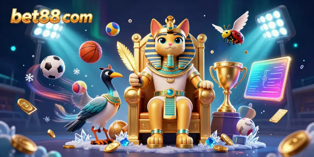 Engage with thrilling games at bet88 com, featuring an Egyptian-themed casino scene with sports elements.