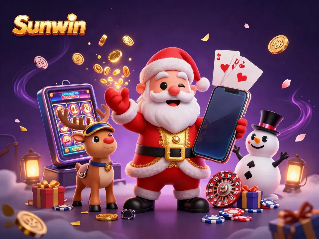 Experience thrilling gameplay at Sunwin Casino with festive characters and vibrant casino elements!