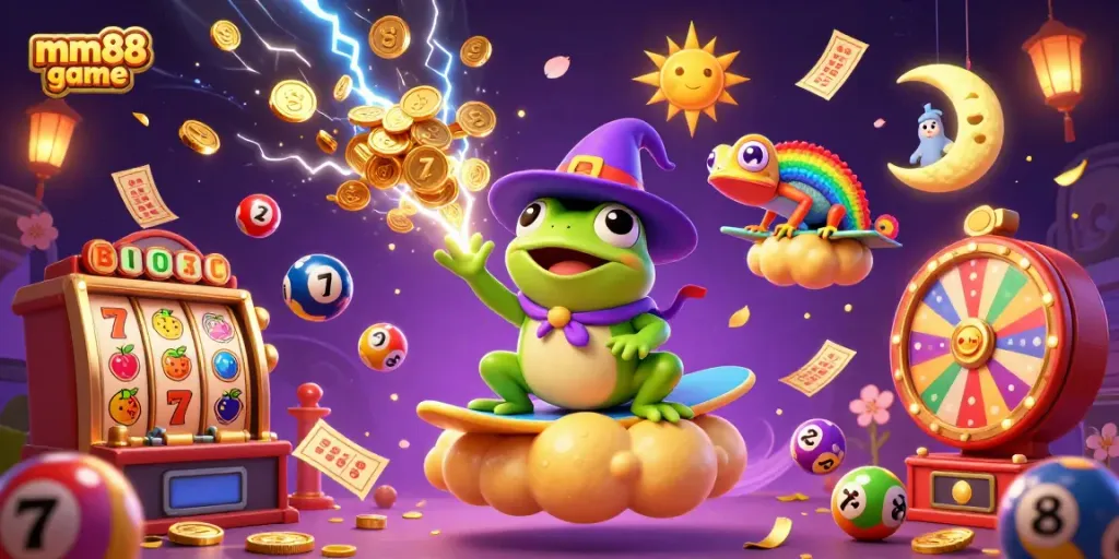Experience the thrill of mm88 games with vibrant characters and dynamic casino elements in a magical setting.
