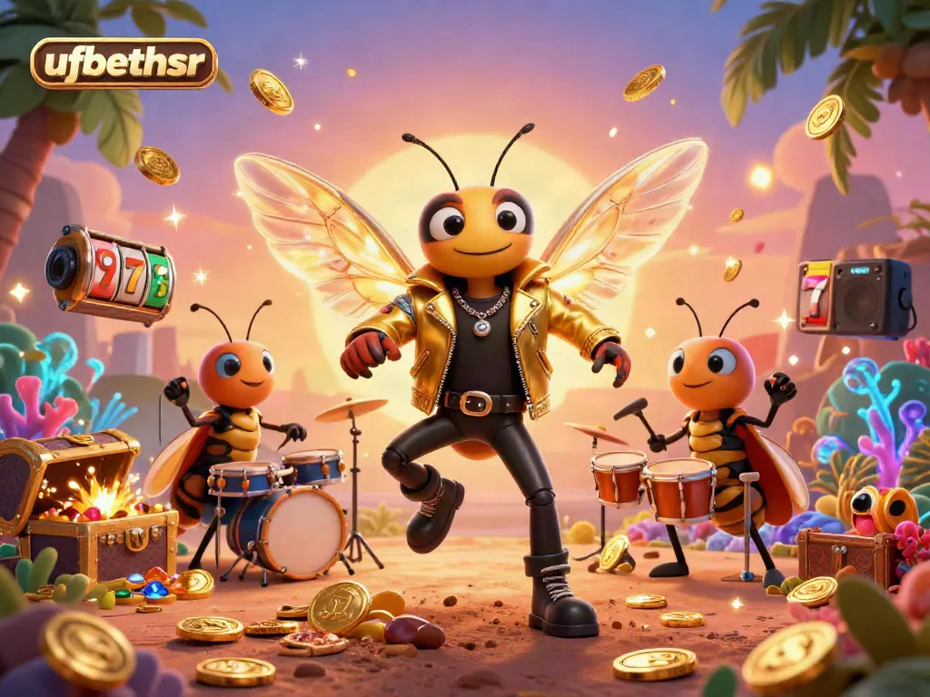 Experience thrilling wins with ufabethsr featuring a cicada rock star in a vibrant 3D casino scene.