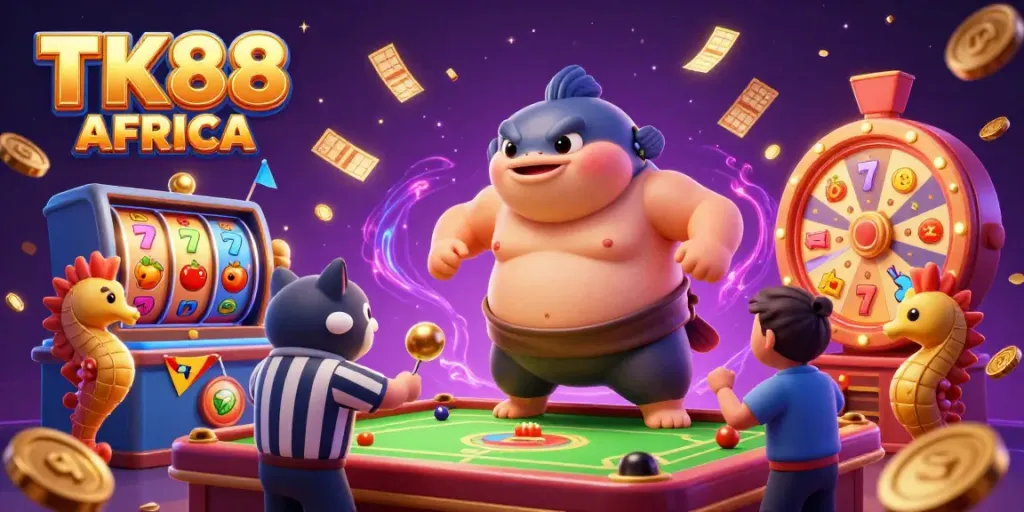 Engage in thrilling gameplay with TK88 AFRICA surrounded by dynamic slot machines, festive elements, and cheering seahorse spectators.