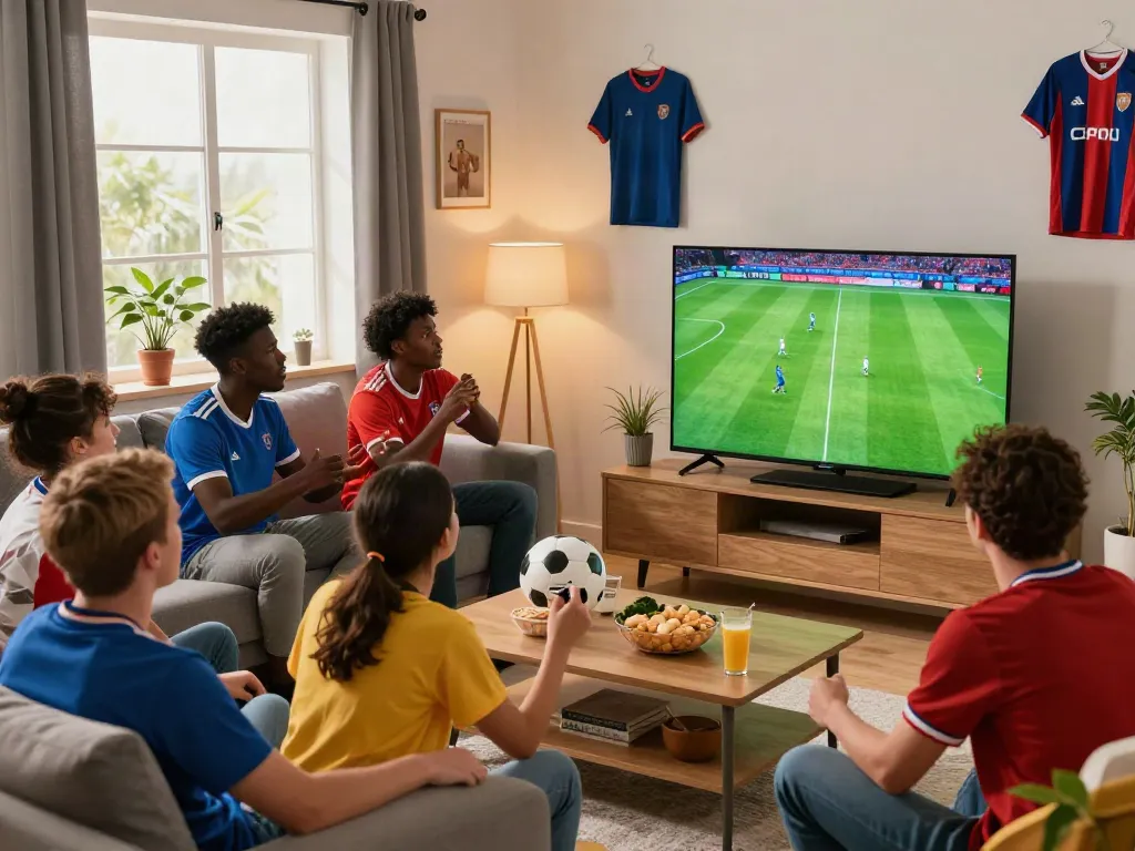 Socolive soccer fans enjoying a live match in a cozy living room, creating an enthusiastic atmosphere.